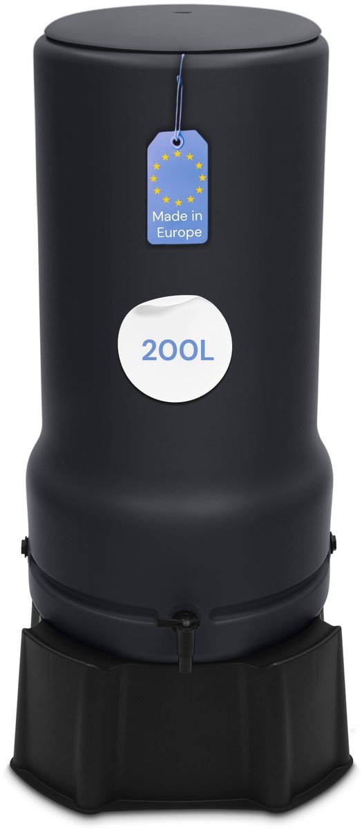 Famanu – 200 liter regenton met voet, deksel en kraan, vorstbestendig kunststof voor de tuin, antraciet