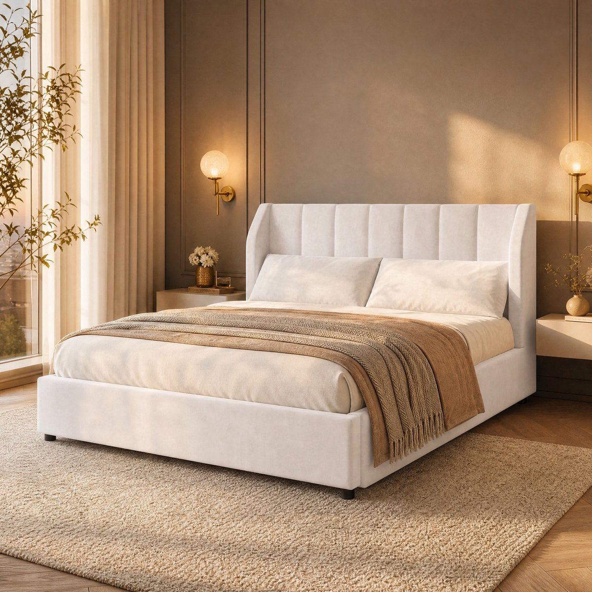 REDOM - Bed - Gepolsterd platformbed met lattenrost - Verticaal gestikt hoofdeinde - Inclusief 2 kussens - Modern design - Slaapkamer - MDF en stof - Beige - 140 x 200 cm