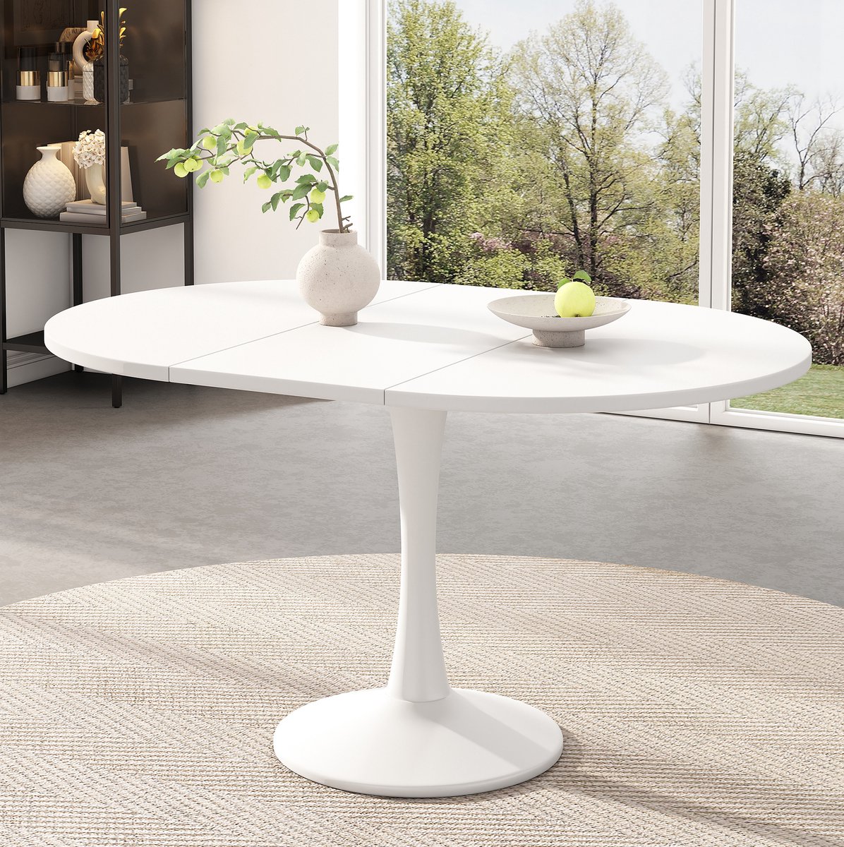 Wishdor Uitschuifbare eettafel - Ovale vorm - Modern minimalistisch design - Witte kleur - MDF en metaal - Woonkamer eetkamer keuken - 100/140 x 100 x 75 cm