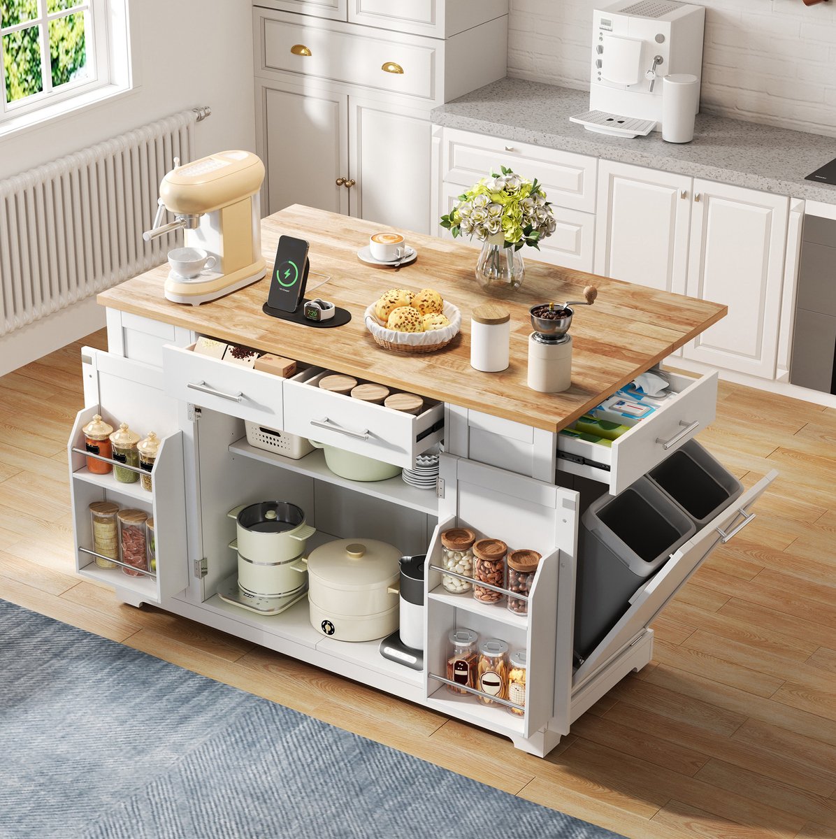 REDOM- Keukeneiland - Klapbaar werkblad - Met stille rollen en uittrekbare afvalruimte - Met EU-stopcontact en verstelbare planken - MDF - Wit en Naturel - 138 x 86 x 92 cm