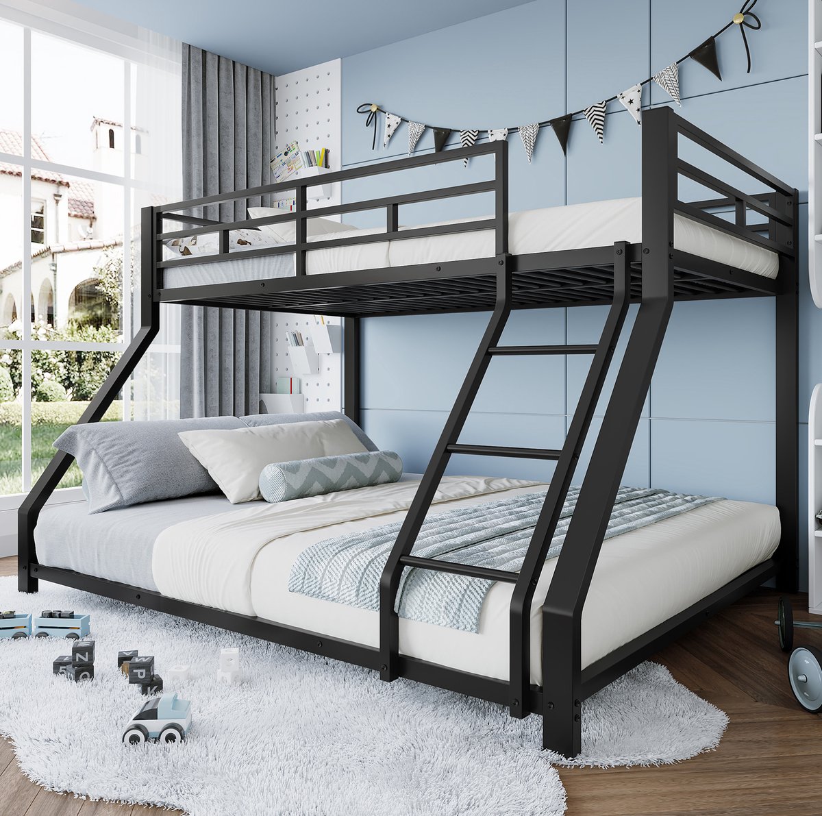 Wishdor Stapelbed 90x200 cm / 140x200 cm - Met trap en veiligheidsreling - EN747 gecertificeerd - Bedframe voor kinderkamer gedeelde slaapkamer - Metaal - Zwart