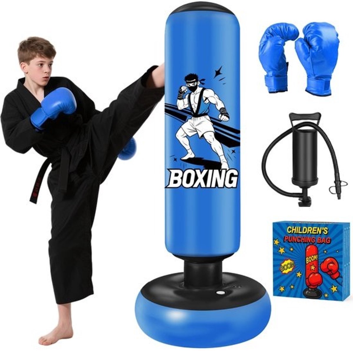 Dailygoods- Bokszak 168 cm - Vrijstaand - Stabiele Boksbal - Met Bokshandschoenen - Professioneel en Duurzaam - Ideaal voor Kinderen 3-14 Jaar - Bokspaal