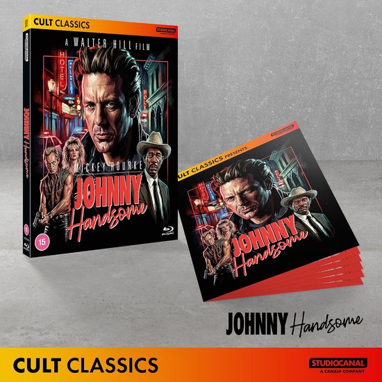 De filmposter, Blu-ray hoes en tijdschrift van Johnny Handsome, met Mickey Rourke en Morgan Freeman, tegen een achtergrond van een stad bij nacht.