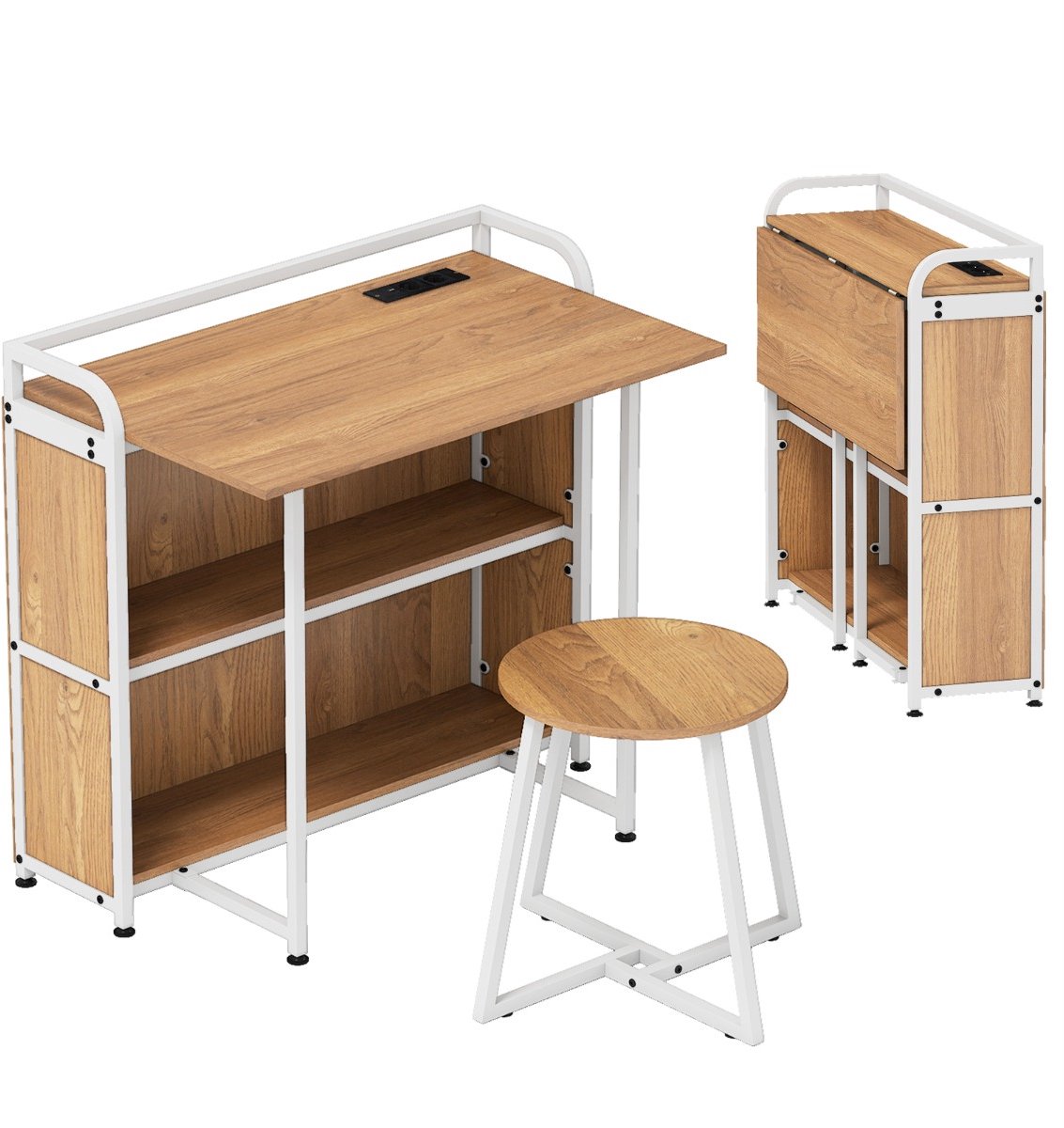 SureDeal® - Bureau - Opvouwbaar - Kruk Draagbare - Kruk - Opbergplanken Stopcontacten USB - Type Poorten Natuur - 90x55x83 cm - Naturel