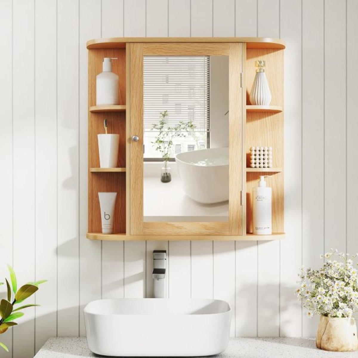 SureDeal® - Hangkast - Spiegelkast Badkamer Badkamerspiegel - Planken Wandkast - Badspiegel - Spiegeldeur Zwart - Wit - 66x17x62 cm - Naturel