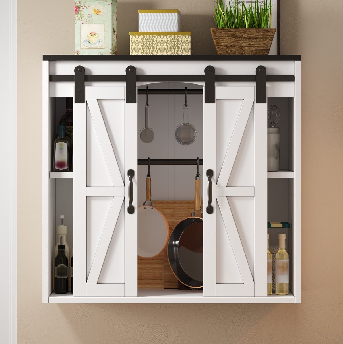 DESMIU Keukenkast Met 2 Schuifdeuren En Verstelbare Planken Wandmontage Voor Keuken Woonkamer En Badkamer MDF Wit 80 X 31 X 76 Cm