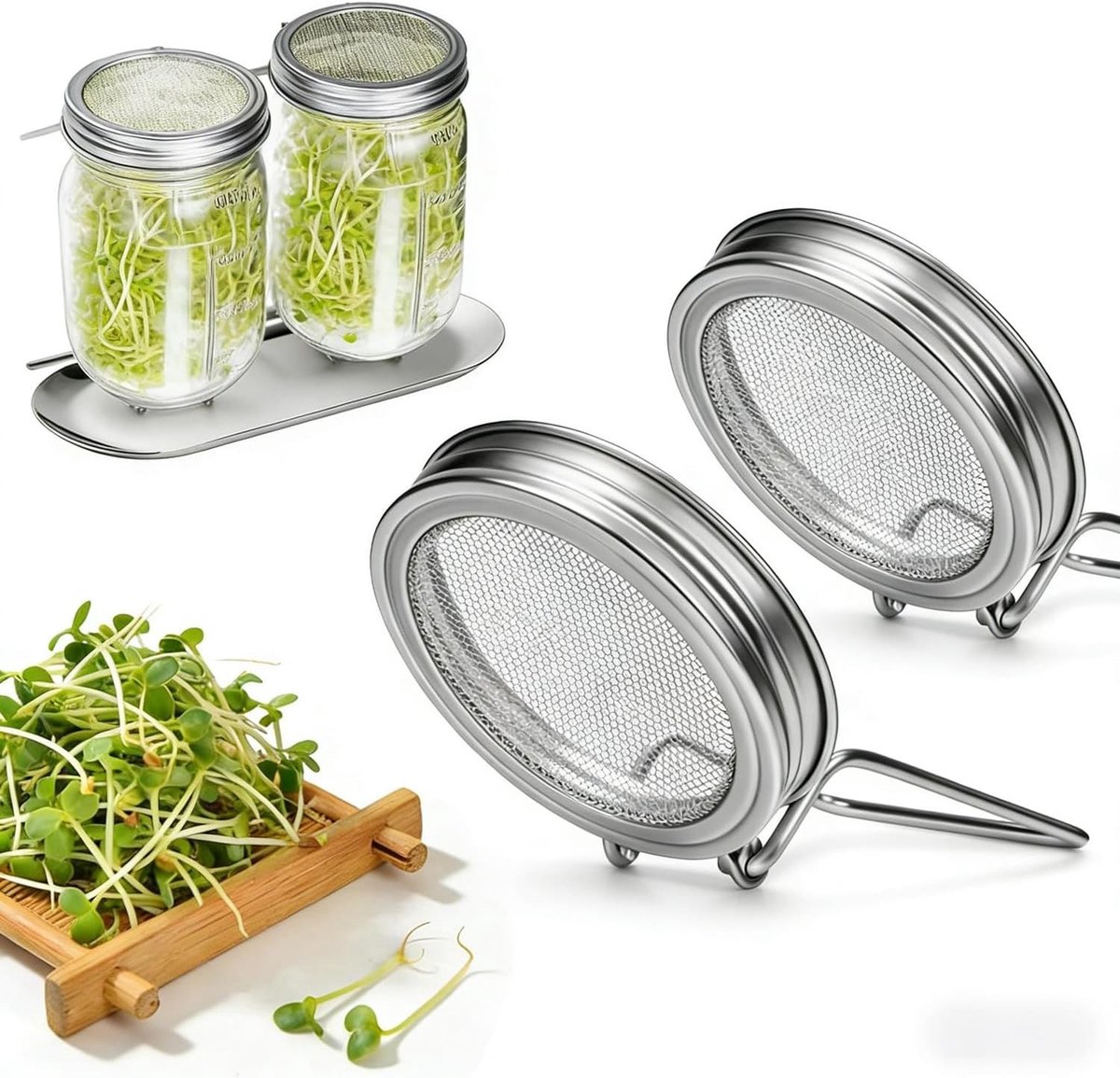 Herbruikbare RVS schermdeksels voor kiemgroenten, 2 stuks, ideaal voor alfalfa, broccoli en mungbonen kiemkits