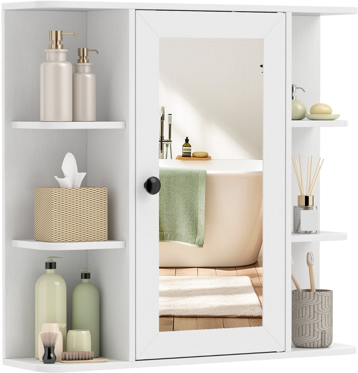 SureDeal® - Hangkast - Badkamermeubel - Spiegel Voorzien Drie - Zes Open Vakken - 66x16,5x63 cm - Wit