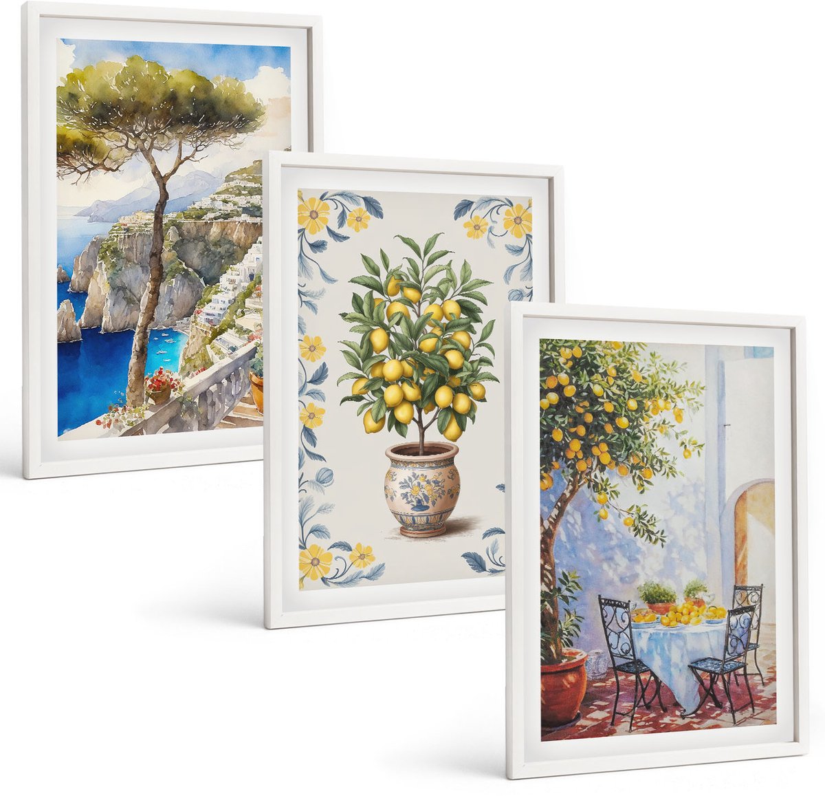 Wallfluent 3-Delige Schilderij Set - Zeegezicht Met Citroenbomen - Italiaanse Schilderijen - 40 x 60 - Stijlvolle Muurdecoratie - Slaapkamer - Moderne Wanddecoratie