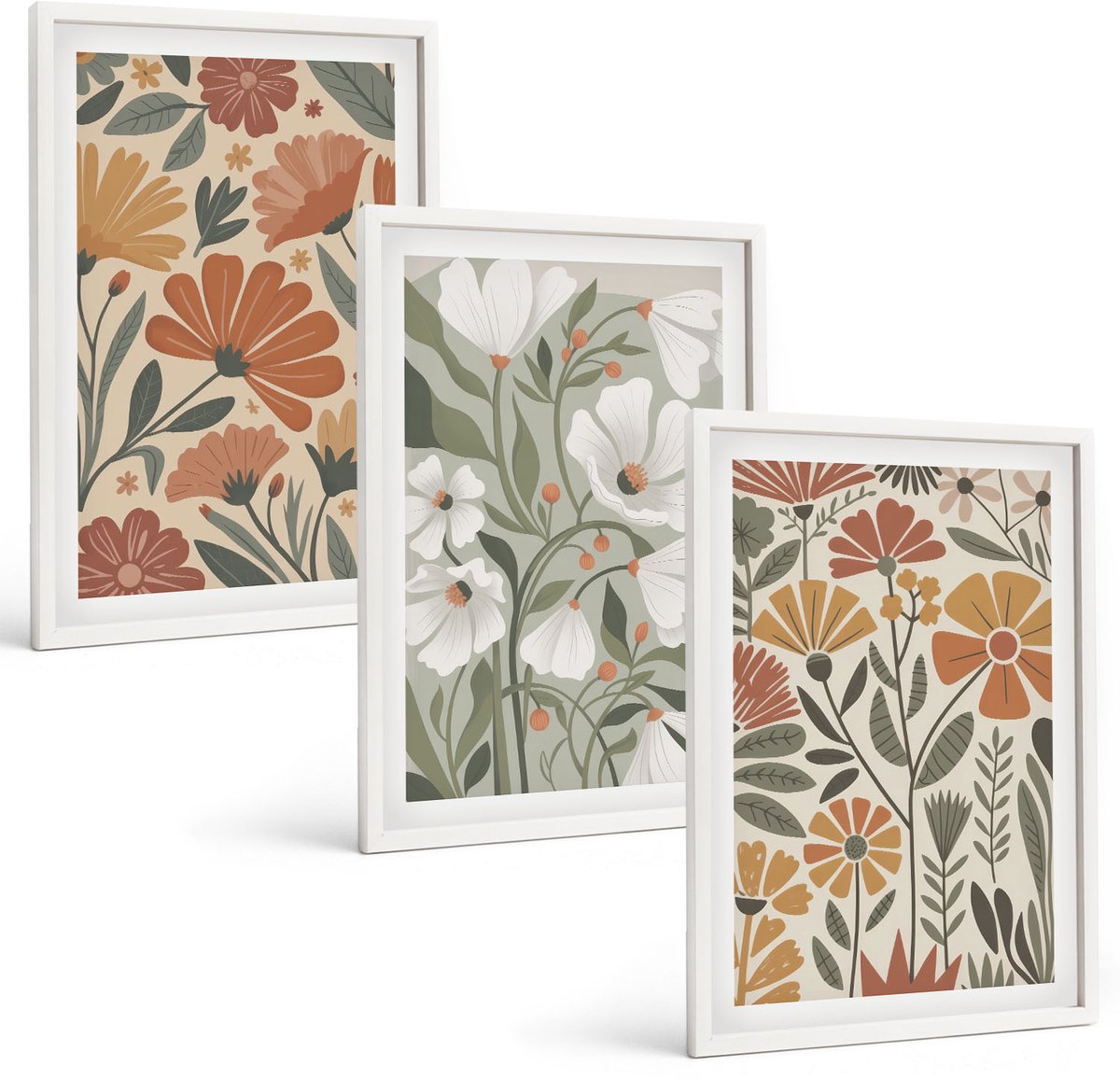 Wallfluent 3-Delige Schilderij Set - Bloemenpatronen In Oranje En Groene Tinten. - 40 x 60 - Stijlvolle Muurdecoratie - Kantoor - Interieur Decoratie