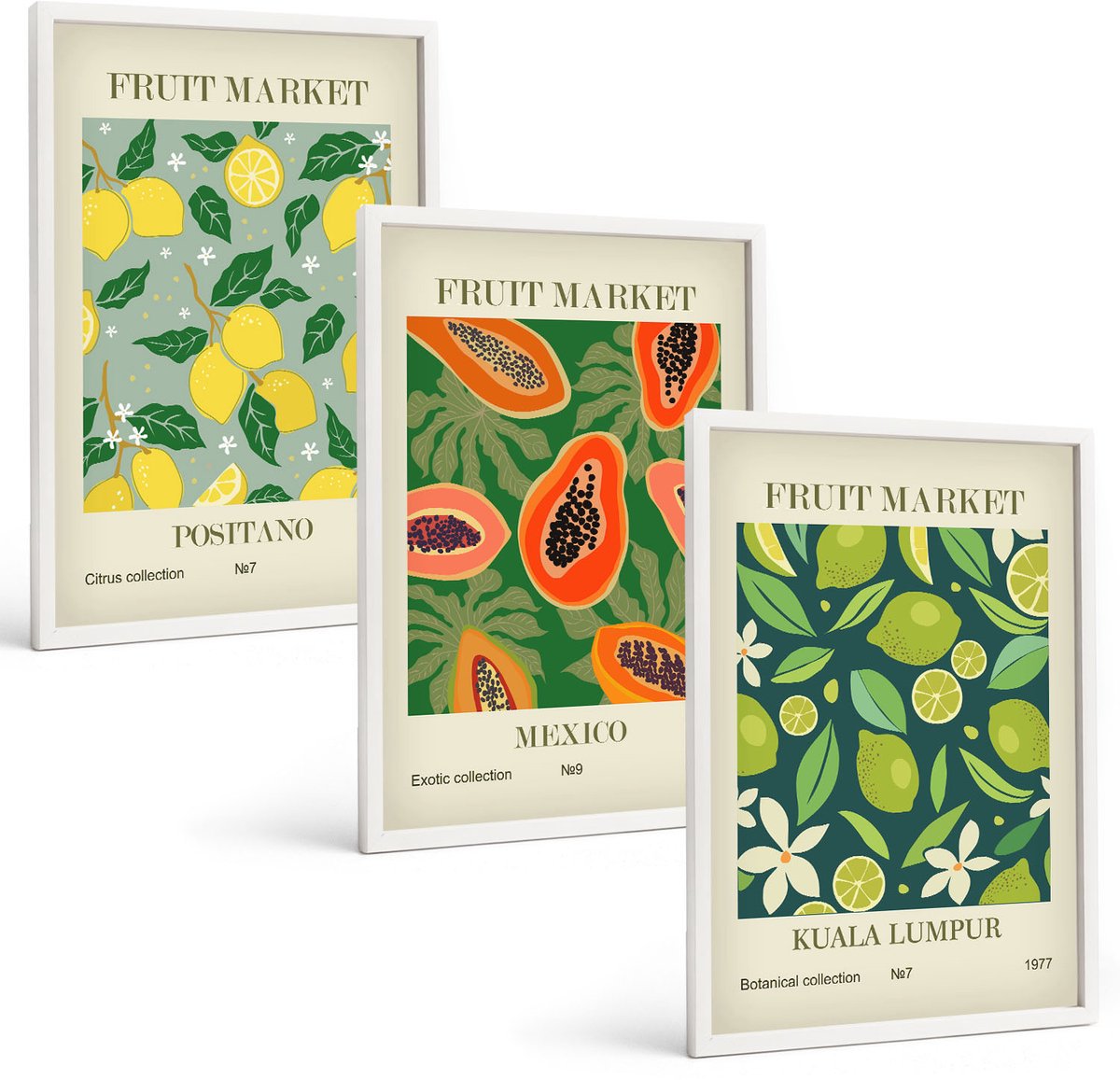 Wallfluent 3-Delige Schilderij Set - Vruchtpatronen Van Citroenen, Papaja'S En Limoenen - 40 x 60 - Muurdecoratie - Decoratieve Schilderijen - Wohnzimmer - Moderne Wanddecoratie