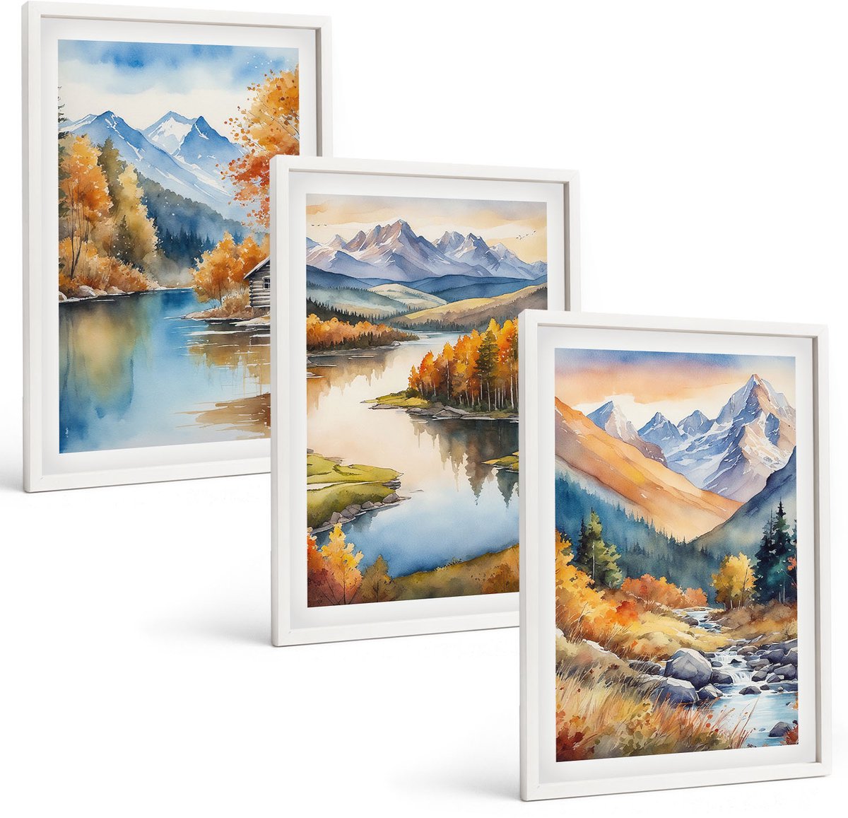 Wallfluent 3-Delige Schilderij Set - Uitzicht Op De Bergen Met Een Rivier En Herfstbomen. - 40 x 60 - Muurdecoratie - Schilderijen Set - Woonkamer - Interieur Decoratie
