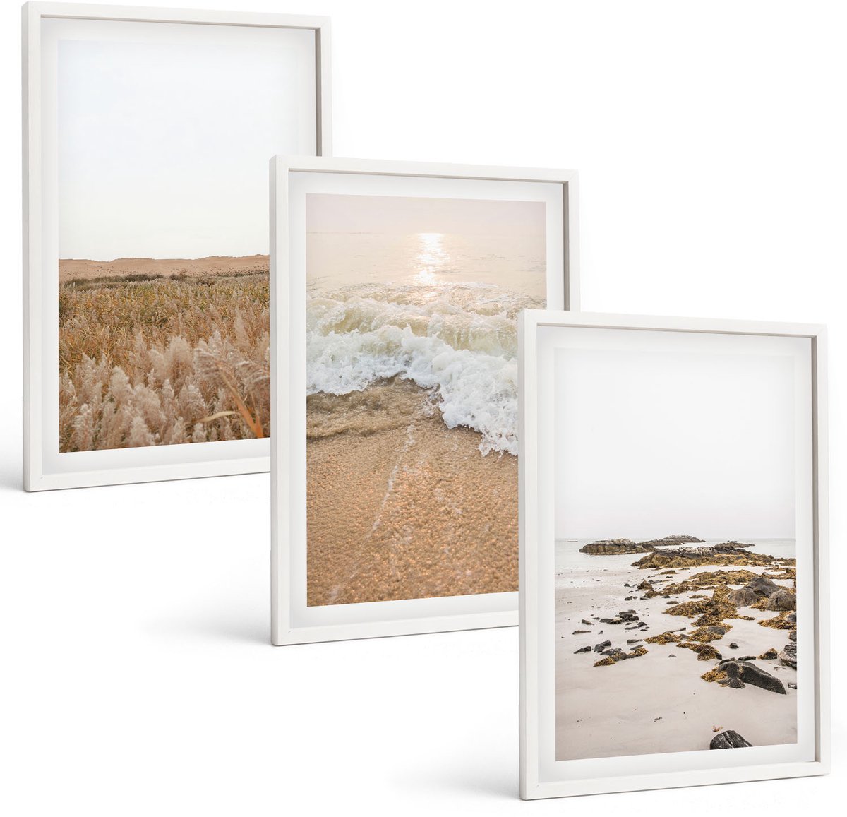Wallfluent 3-Delige Schilderij Set - Strand Met Golven En Zeestenen In De Zomer - 40 x 60 - Moderne Wanddecoratie - Woonkamer - Interieur Decoratie