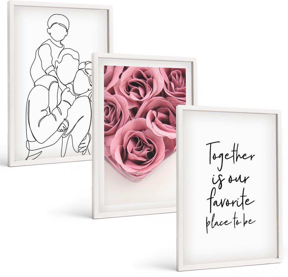 Wallfluent 3-Delige Schilderij Set - Familie Lineart Rozenboeketten Inscriptie Thuis - 40 x 60 - Stijlvolle Muurdecoratie - Kantoor