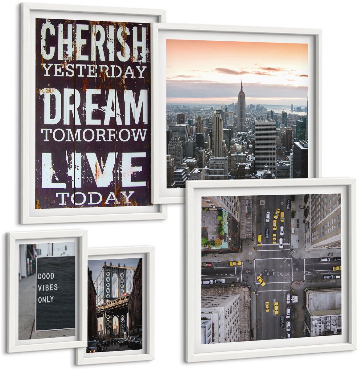 Wallfluent 5-Delige Schilderij Set - Inspirerende Slogans En Beelden Van Stedelijke Landschappen - 50 x 50 cm, 20 x 30 cm En 40 x 60 cm - Stijlvolle Muurdecoratie - Kantoor - Interieur Decoratie