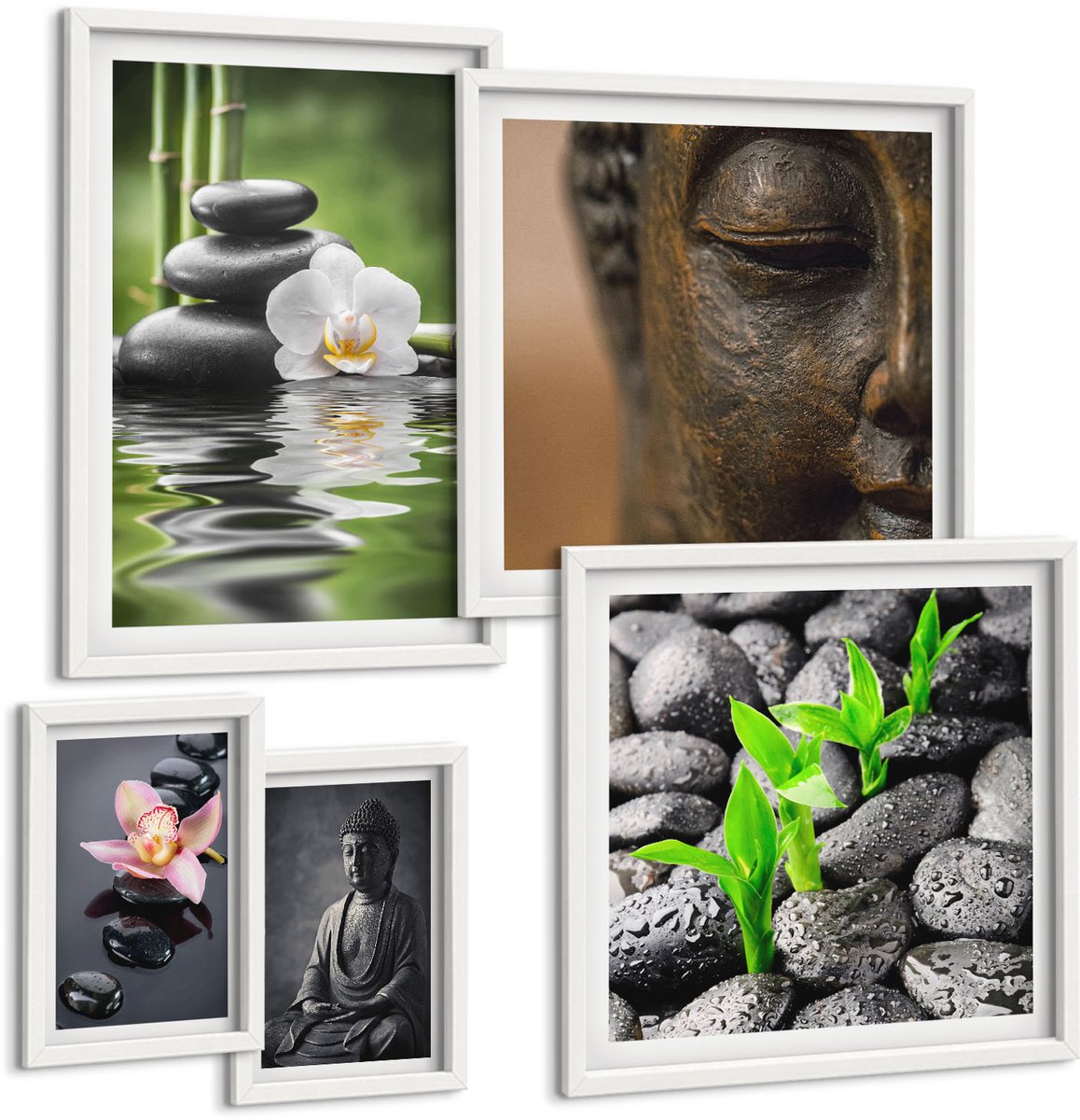 Wallfluent 5-Delige Schilderij Set - Ontspannende Zen-Sfeer Met Stenen En Bloemen - 50 x 50 cm, 20 x 30 cm En 40 x 60 cm - Stijlvolle Muurdecoratie - Slaapkamer
