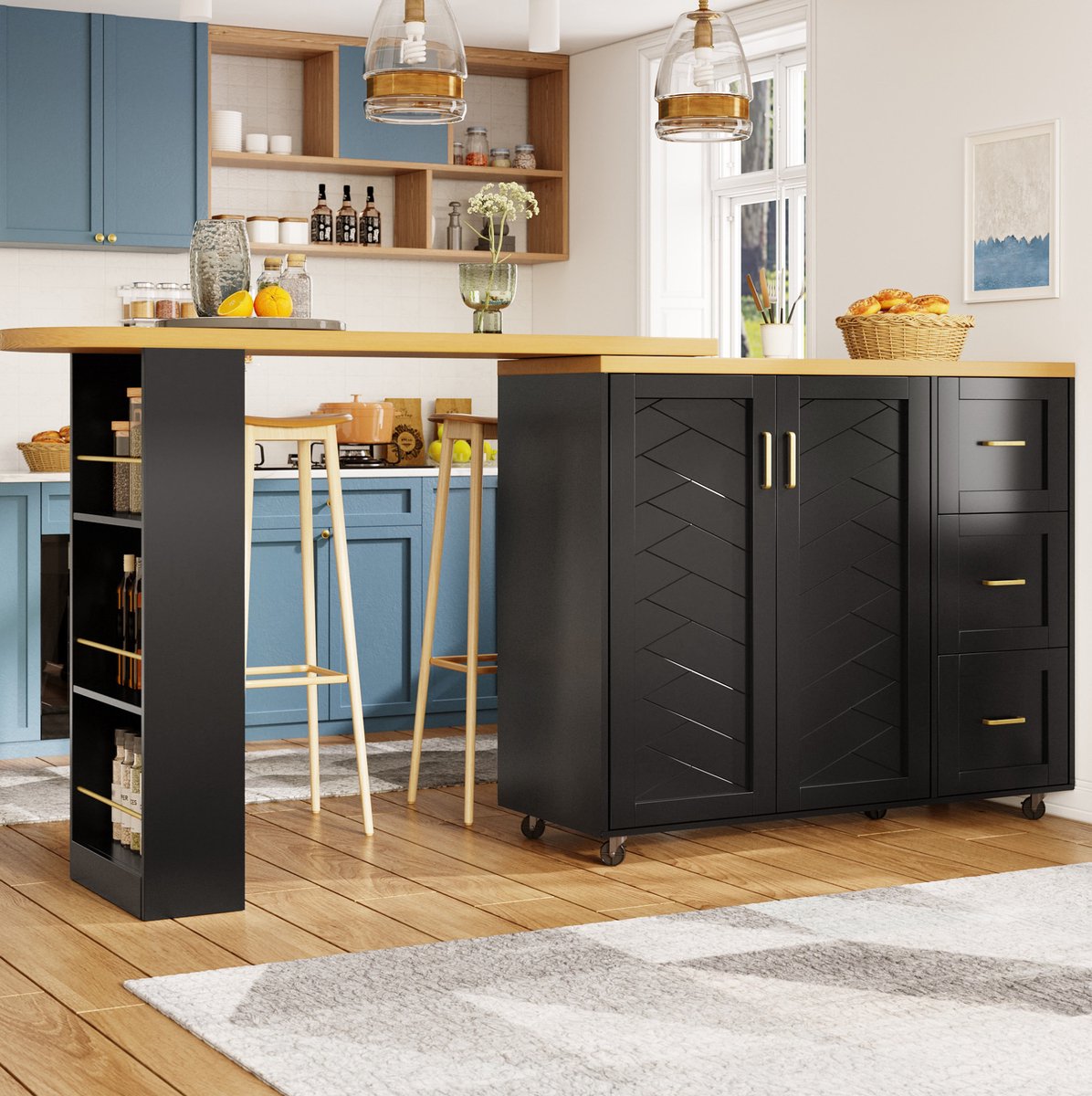 REDOM - Bartafelwagen - Verlengbaar blad - 2 deuren en 3 lades - Rollend - Modern - Keuken en woonkamer - MDF en metaal - Zwart - 135-228 x 39 x 104 cm