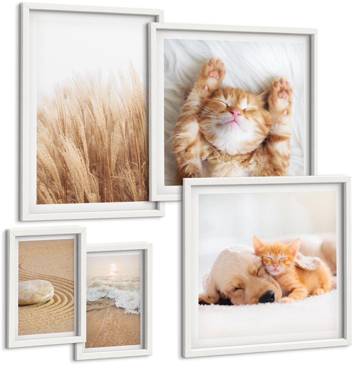 Wallfluent 5-Delige Schilderij Set - Schattige Dieren En Natuurlijke Landschappen In Een Ingetogen Esthetiek. - 50 x 50 cm, 20 x 30 cm En 40 x 60 cm - Wanddecoratie - Schilderijen Set - Kantoor - Moderne Wanddecoratie