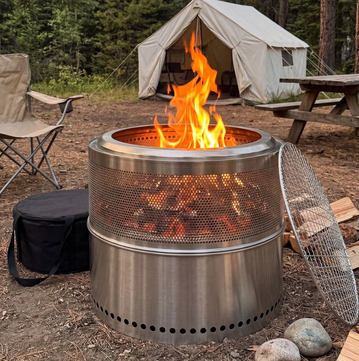 REDOM - Rookloze vuurkorf - Roestvrijstalen constructie - 360° warmteverdeling - Draagbaar en eenvoudig te reinigen - Voor tuin, camping en terras - Roestvrij staal - Zilver - 50 x 50 x 40 cm
