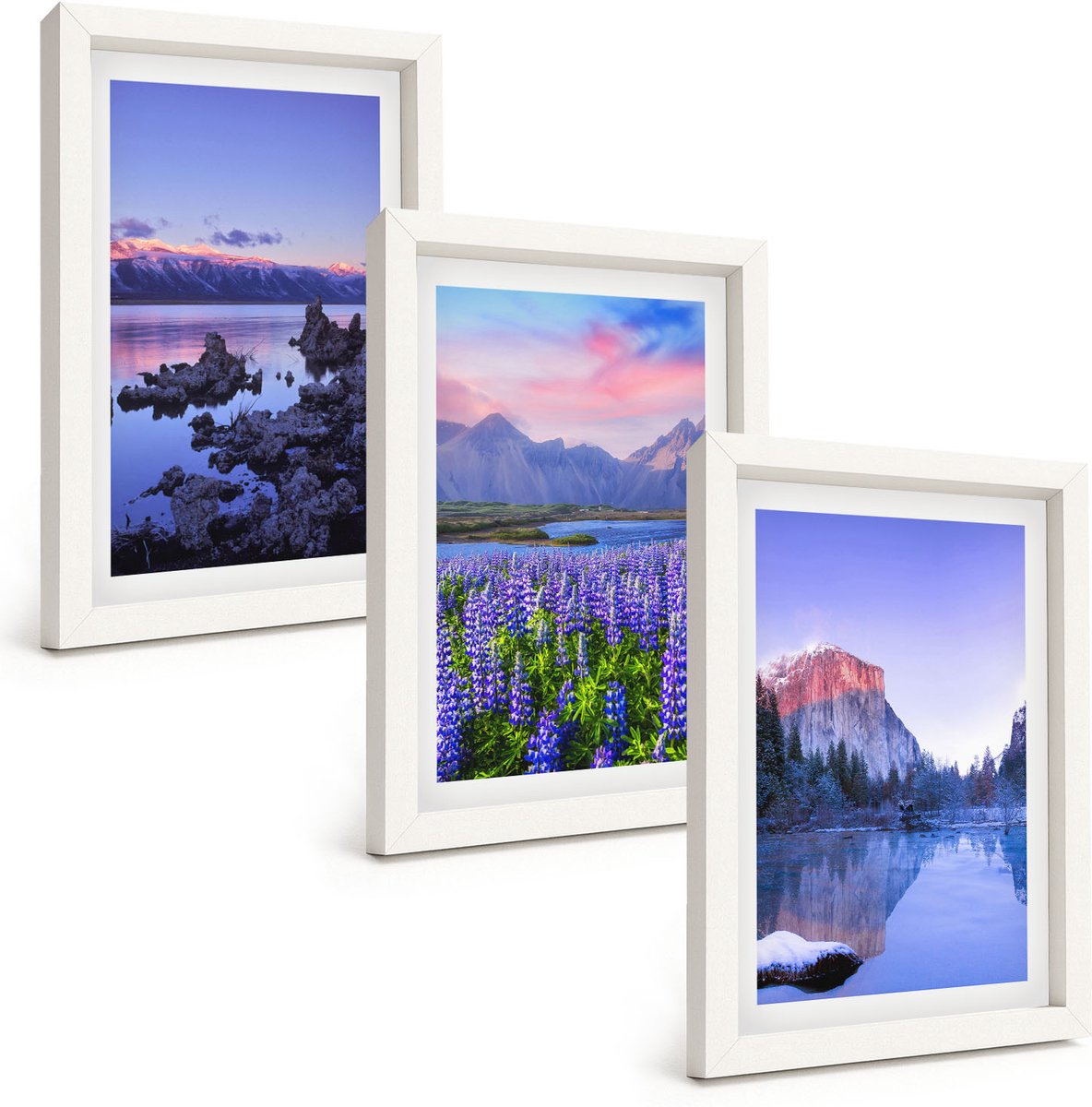 Wallfluent 3-Delige Schilderij Set - Berglandschappen Met Water, Lucht En Bloemenvelden - 20 x 30 - Muurdecoratie - Wanddecoratie - Slaapkamer - Decoratieve Schilderijen