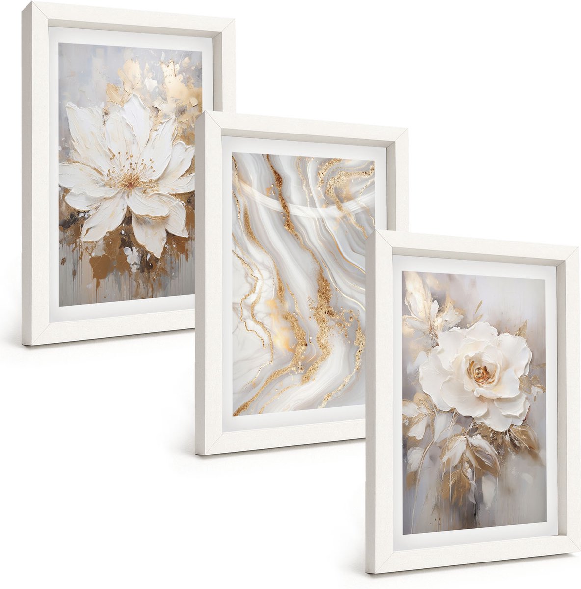 Wallfluent 3-Delige Schilderij Set - Bloemen En Abstract Marmerpatroon - 20 x 30 - Wanddecoratie - Schilderijen Set - Kantoor - Muurdecoratie