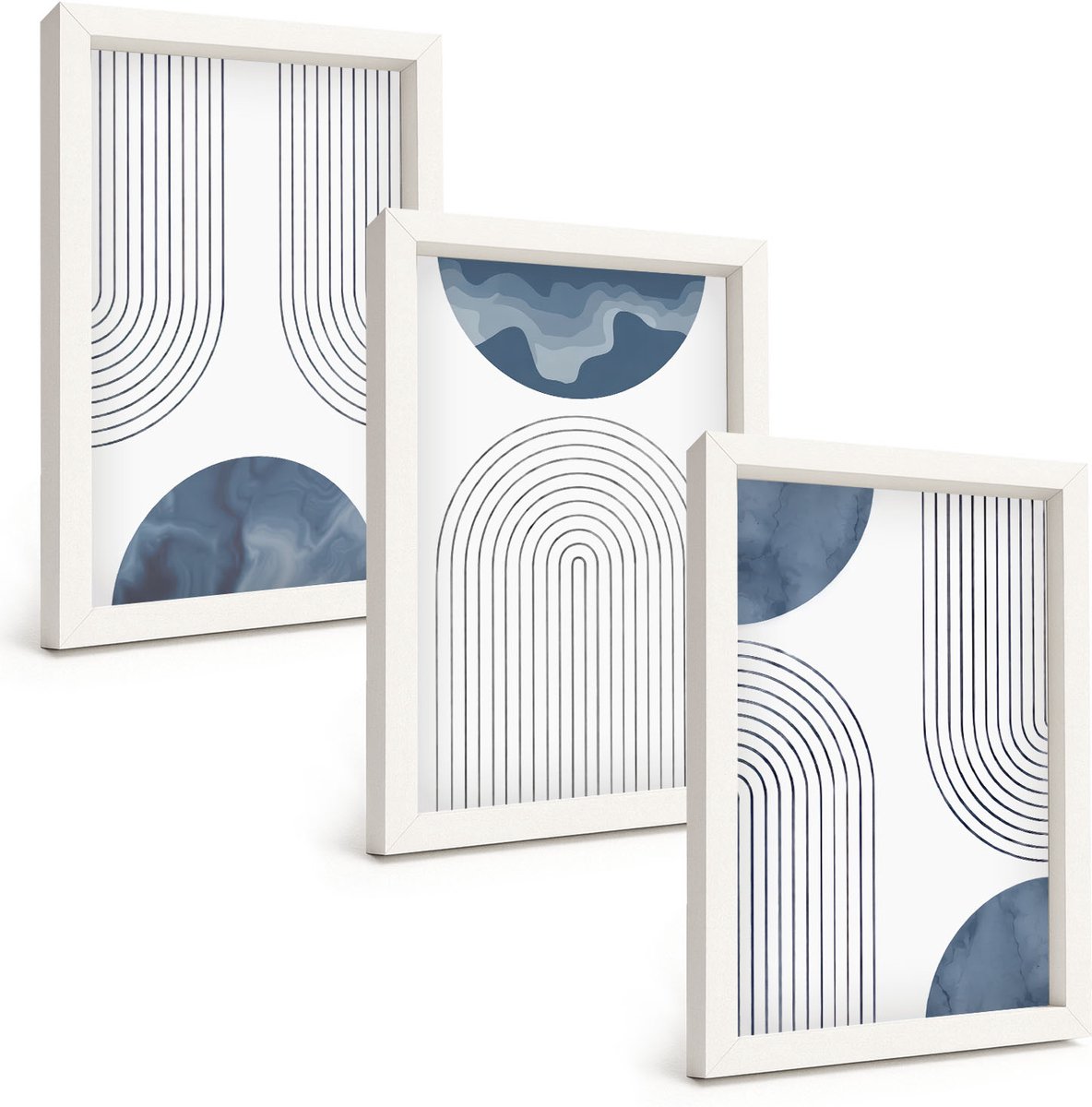 Wallfluent 3-Delige Schilderij Set - Abstracte Patronen In Blauw-Witte Tinten - 20 x 30 - Muurdecoratie - Decoratieve Schilderijen - Wohnzimmer