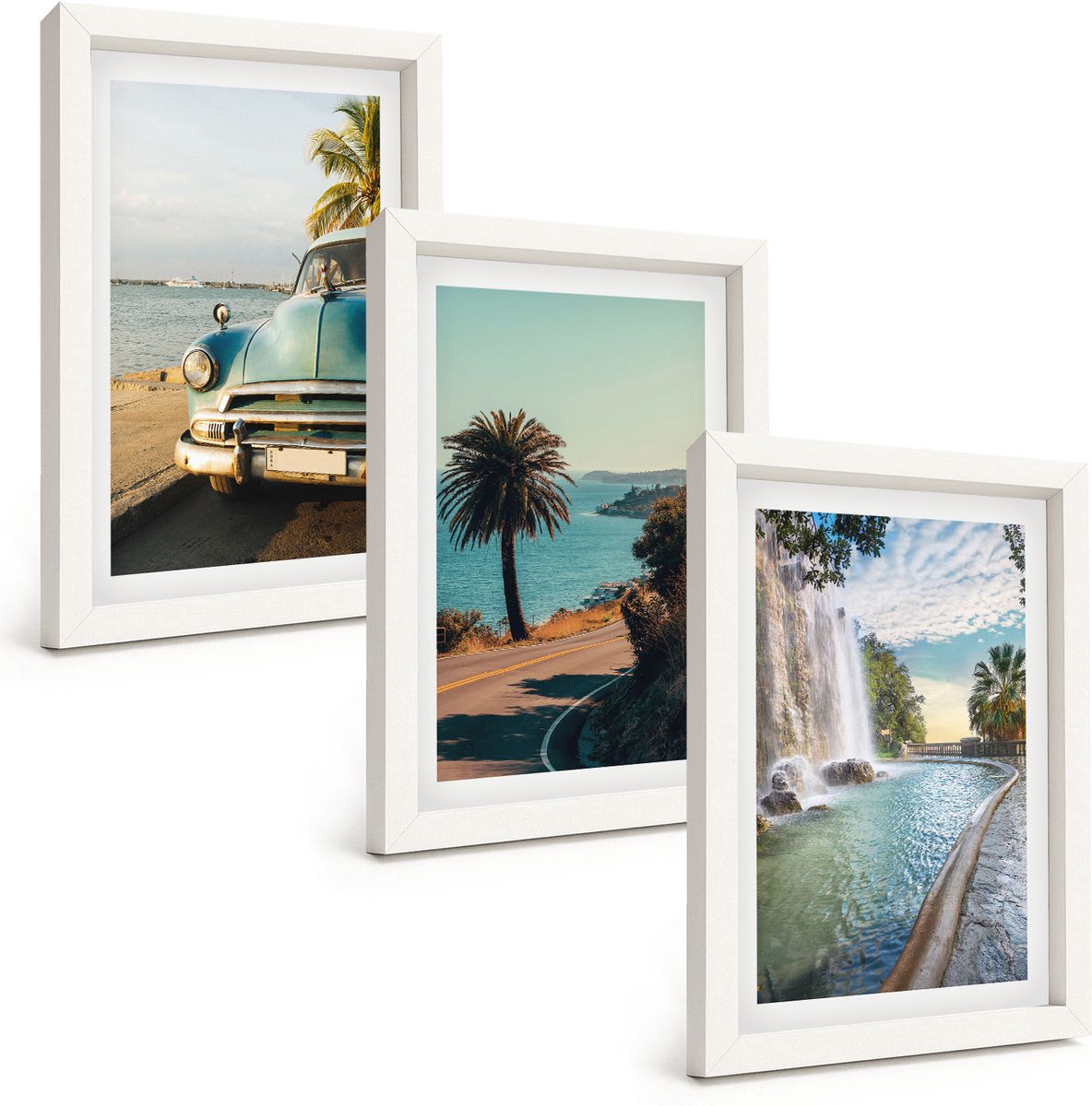 Wallfluent 3-Delige Schilderij Set - Vakantielandschappen Met Palmbomen En Een Waterval - 20 x 30 - Wanddecoratie - Moderne Interieurdecoratie - Interieur Decoratie