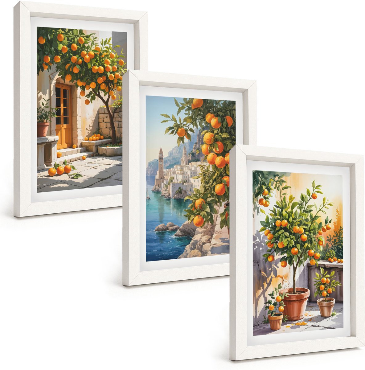 Wallfluent 3-Delige Schilderij Set - Geschilderde Citrusvruchten En Kustlandschappen - 20 x 30 - Muurdecoratie - Wanddecoratie - Slaapkamer