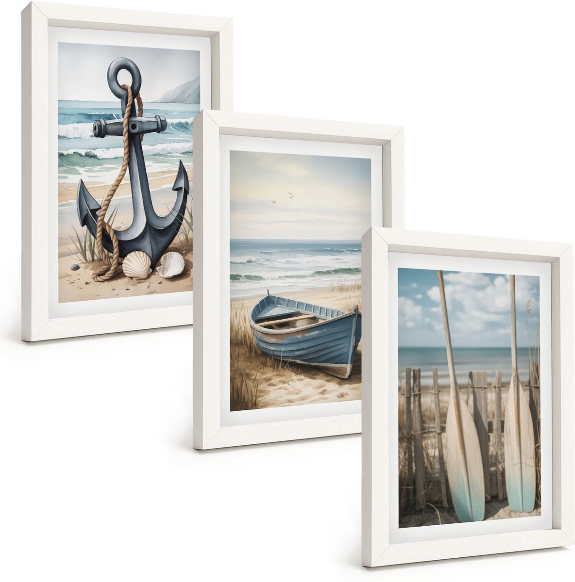 Wallfluent 3-Delige Schilderij Set - Bootanker En Roeispanen Op Het Strand Met De Zee - 20 x 30 - Moderne Wanddecoratie - Woonkamer