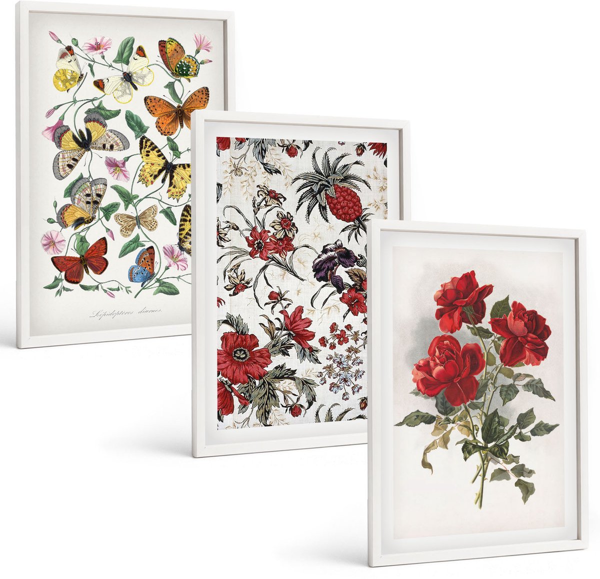 Wallfluent 3-Delige Schilderij Set - Vlinders, Bloemen En Rode Rozen In Een Klassieke Stijl. - 40 x 60 - Wanddecoratie - Schilderijen Set - Kantoor - Moderne Wanddecoratie