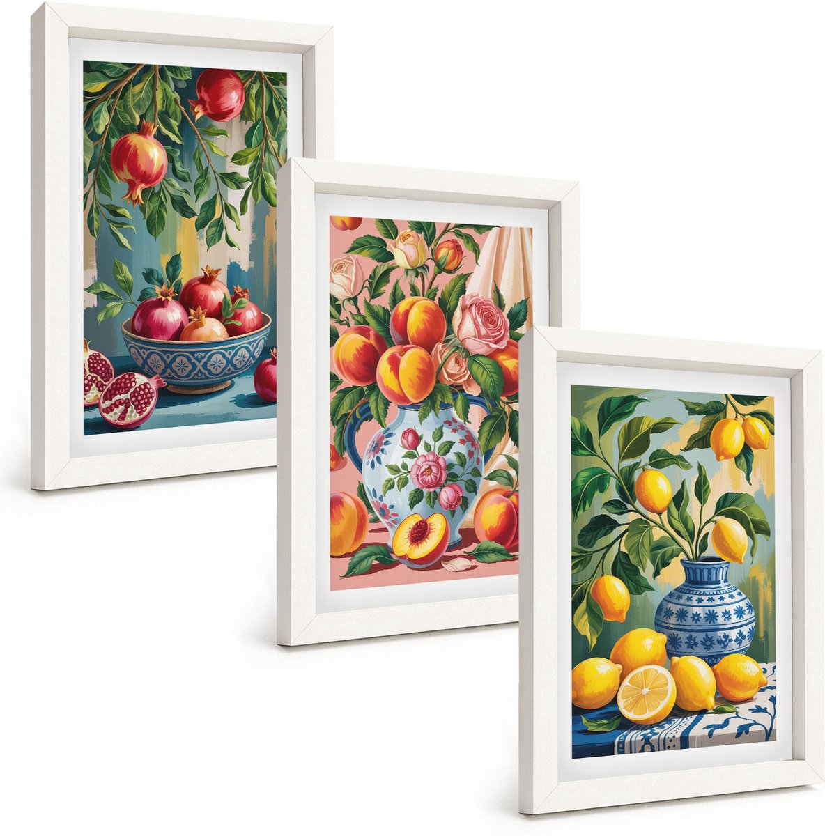 Wallfluent 3-Delige Schilderij Set - Fruitcomposities Met Granaatappels, Citroenen En Perziken - 20 x 30 - Wanddecoratie - Schilderijen Set - Interieur - Decoratieve Schilderijen