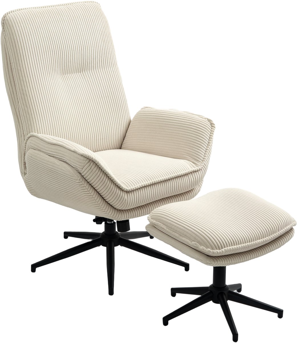 MODFU - Relaxfauteuil Met Hocker - 360° Draaibaar - Verstelbare Rugleuning - Cordlook - Beige