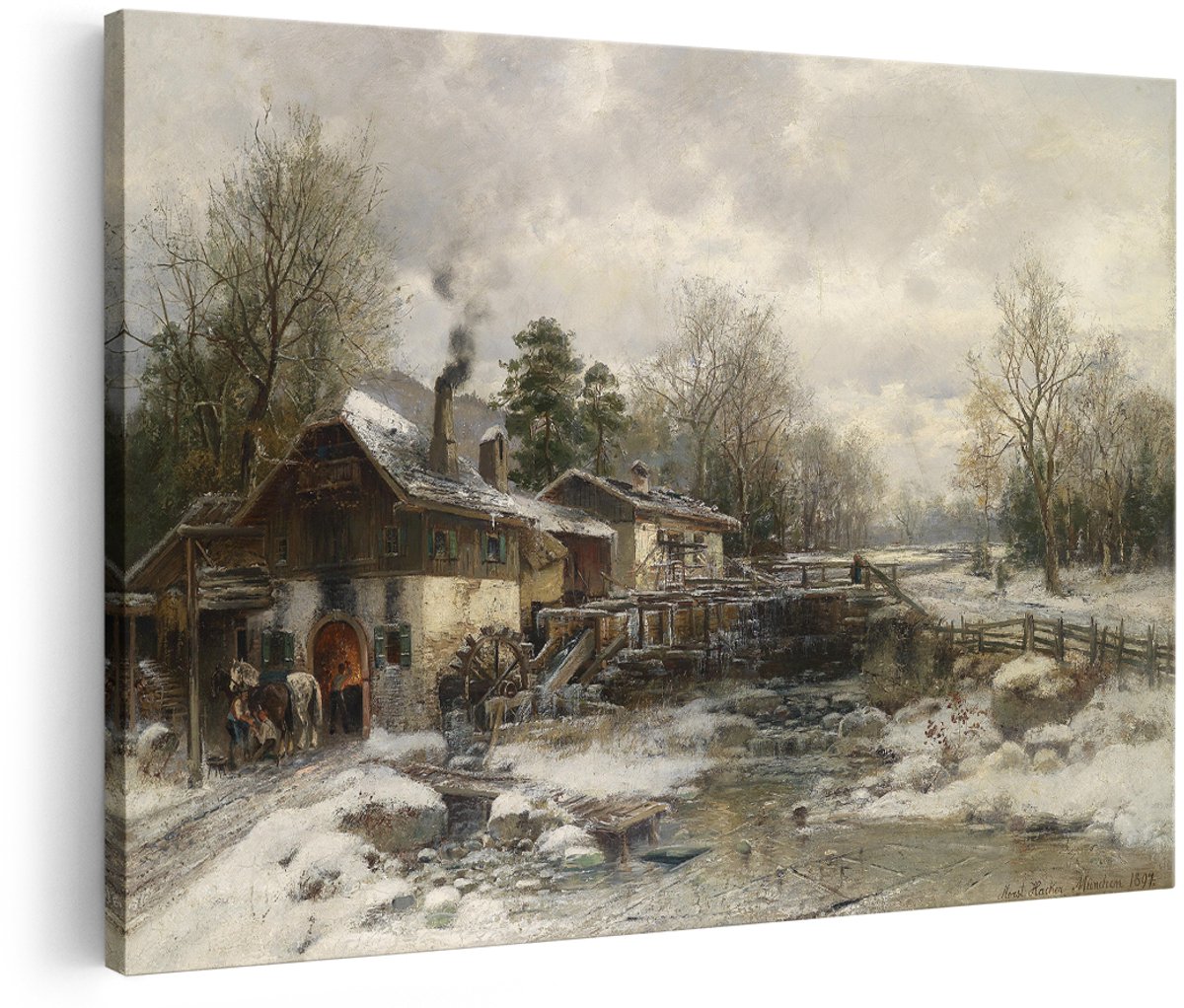 Artaza Canvas Schilderij Watermolen - 150x100 cm - Groot - Wanddecoratie Winterlandschap - Muurdecoratie Paarden - Schilderijen Klassiek Landschap