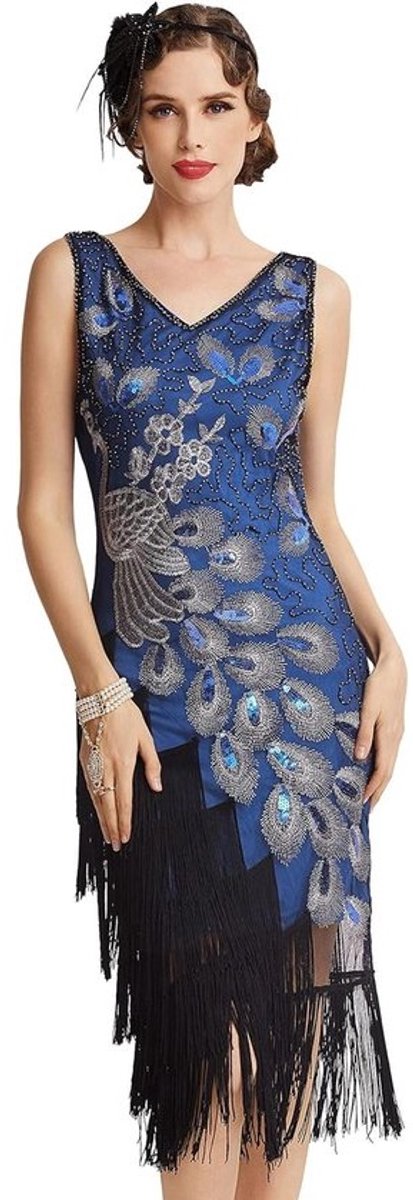 Vintage Flapper Jurk met Pailletten en Pauwprint in Jaren 20-stijl - Perfect voor Feestjes en Speciale Gelegenheden