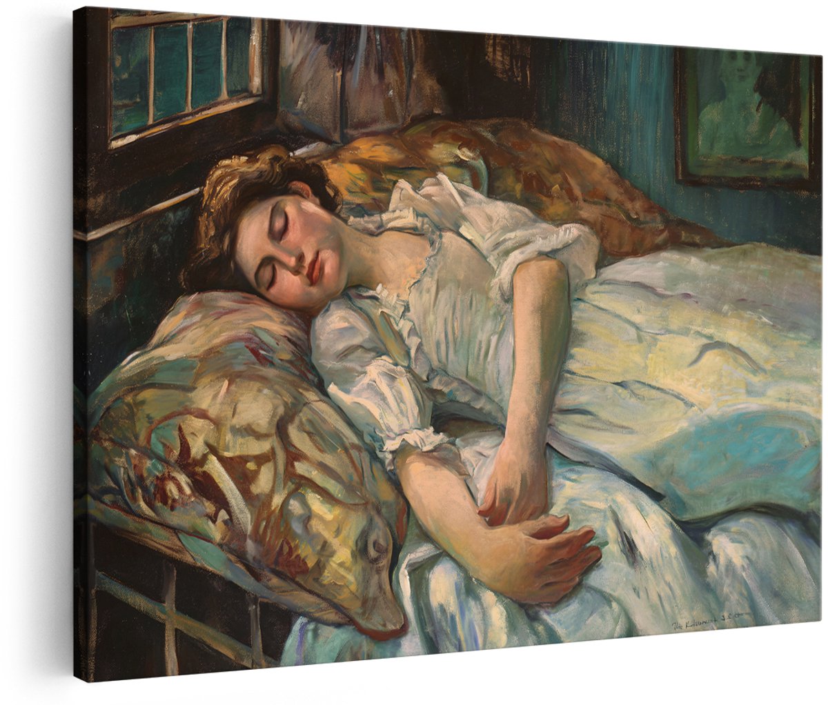 Artaza Canvas Schilderij Slapende Vrouw - 150x100 cm - Groot - Wanddecoratie Vintage - Muurdecoratie Slaapkamer - Schilderijen Romantisch Portret