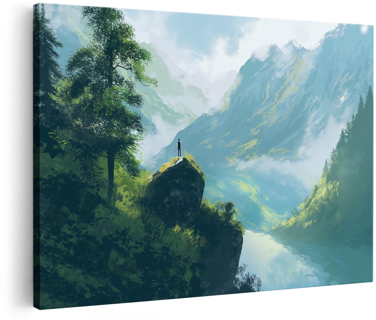 Artaza Canvas Schilderij Bergen - 150x100 cm - Groot - Wanddecoratie Natuur Landschap - Muurdecoratie Woonkamer - Decoratie Man Op Rots