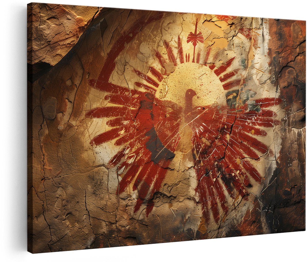 Artaza Canvas Schilderij Rotstekening Vogel - 150x100 cm - Groot - Wanddecoratie Zon - Muurdecoratie Abstract - Decoratie Tribal - Rood