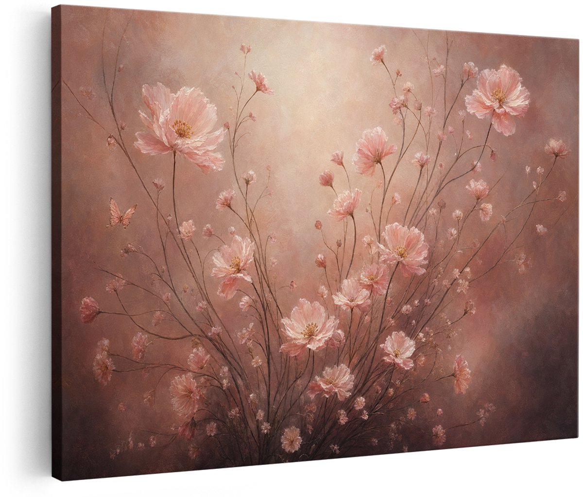 Artaza Canvas Schilderij Roze Bloemen - Abstracte Bloemkunst - 150x100 cm - Groot - Wanddecoratie Woonkamer - Schilderijen - Muurdecoratie