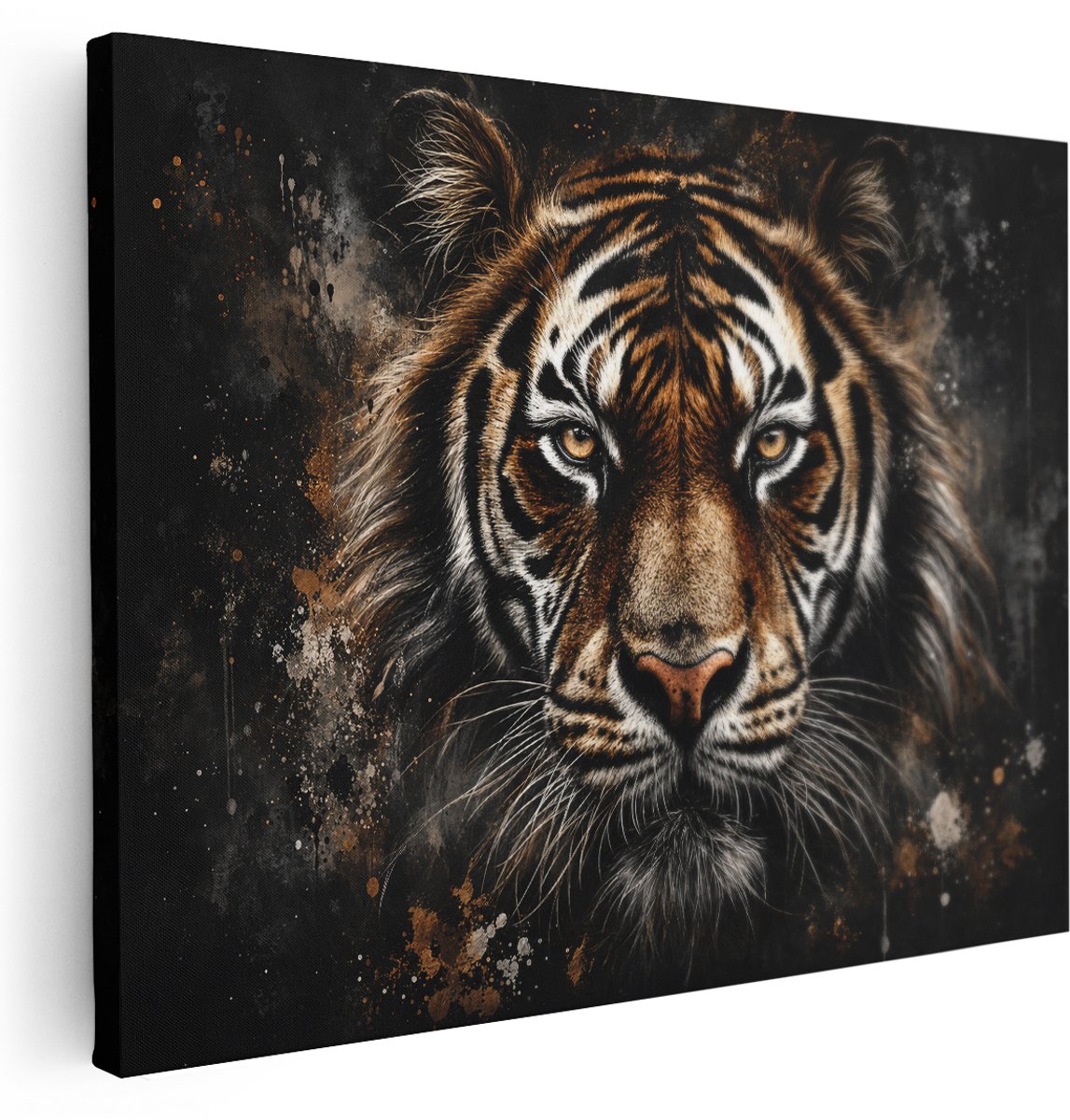 Artaza Canvas Schilderij Tijger Portret - Zwart En Bruin - 160x120 cm - Groot - Klein - Wanddecoratie Woonkamer - Schilderijen - Muurdecoratie