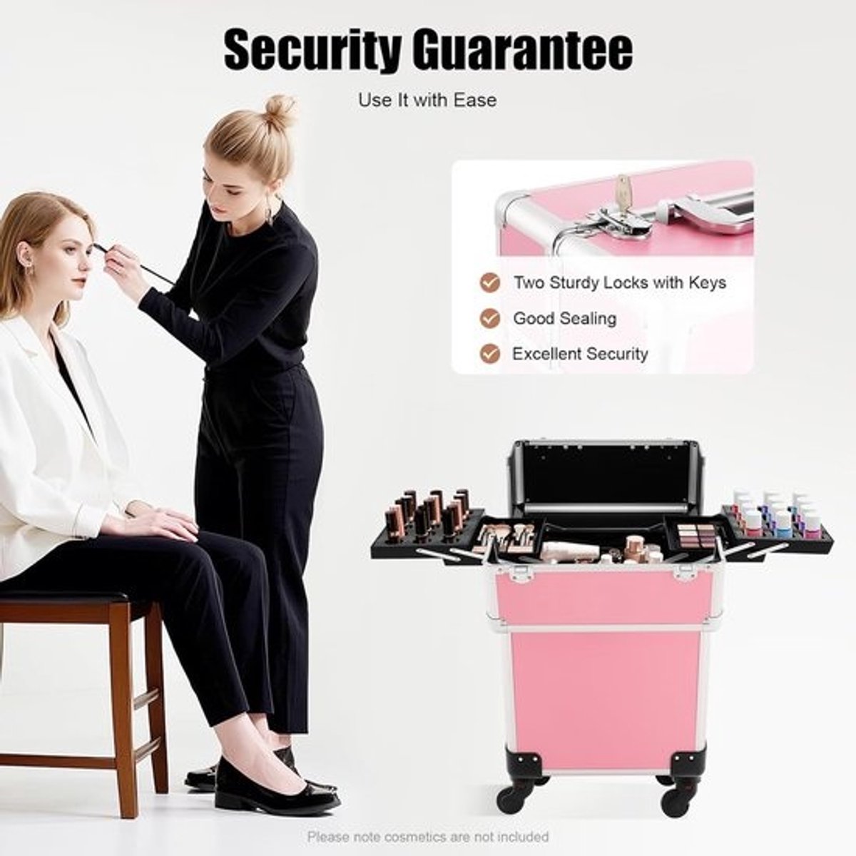 Cosmetica Trolley - Make-up Koffer - Schoonheidsspecialisten - Afsluitbaar en Verrijdbaar - 24 x 34 x 47 cm - Roze
