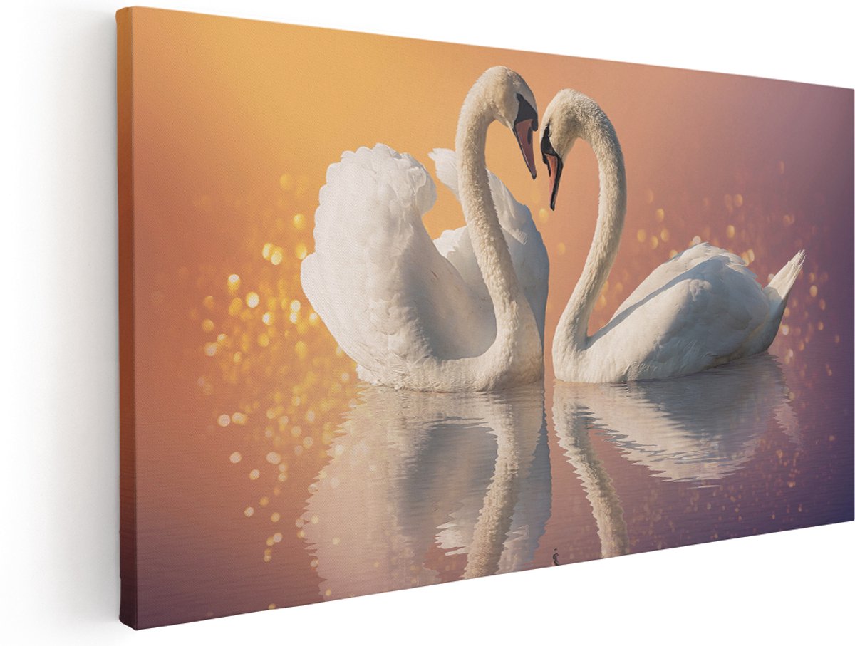 Artaza Canvas Schilderij Zwanen Koppel in een Hart Vorm - 180x90 cm - Groot - Wanddecoratie Woonkamer - Schilderijen - Muurdecoratie
