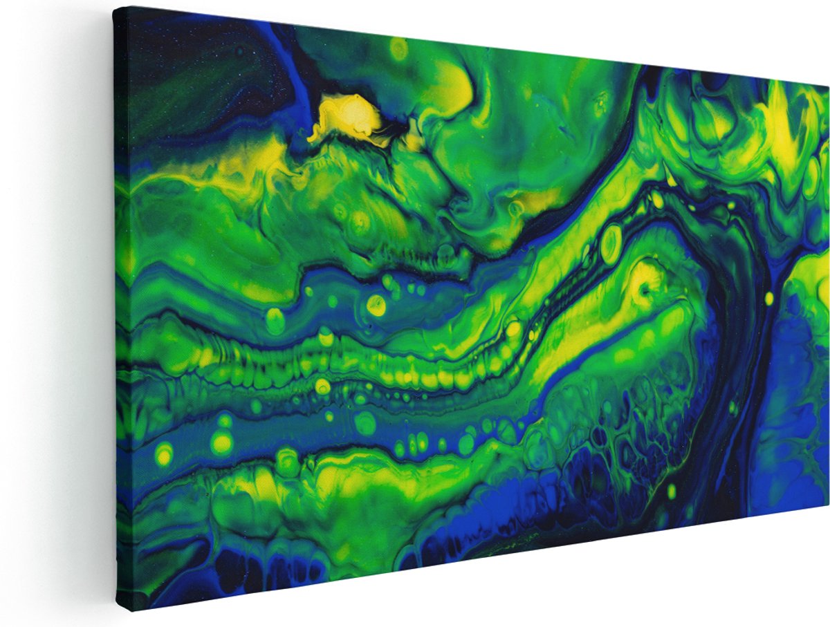 Artaza Canvas Schilderij Abstracte Kunst Blauw met Groen - 180x90 cm - Groot - Wanddecoratie Woonkamer - Schilderijen - Muurdecoratie