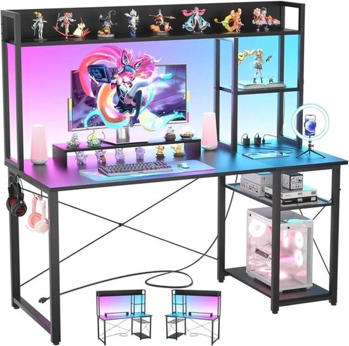 Gaming bureau met opzetstuk, monitorstandaard en opbergvakken, 120 cm computertafel met LED