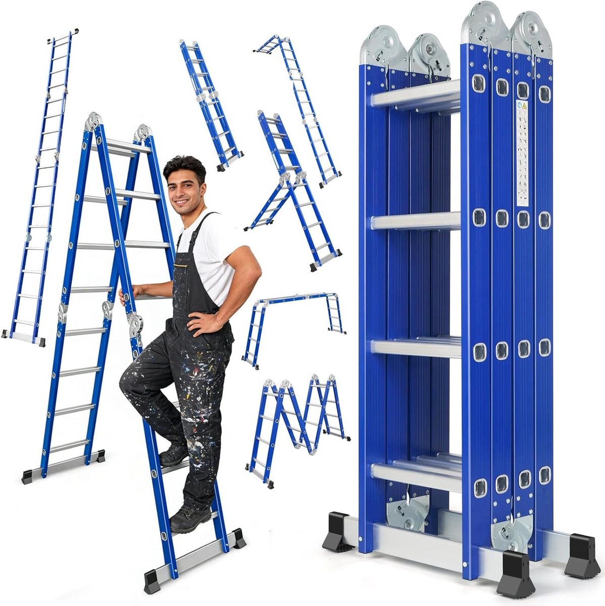 Multifunctionele ladder - Vouwladder scharnierladder - Klussen in huis - Zeer sterke aluminiumlegering - 464 cm maximaal - Blauw
