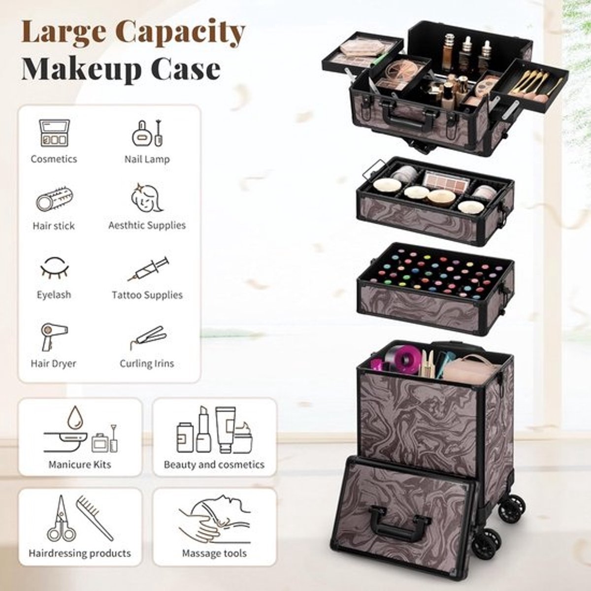 Verrijdbare Make-up Koffer Trolley 5-in-1 Cosmetica Organizer Reistas met Slot voor Stylist en Nagelartiest