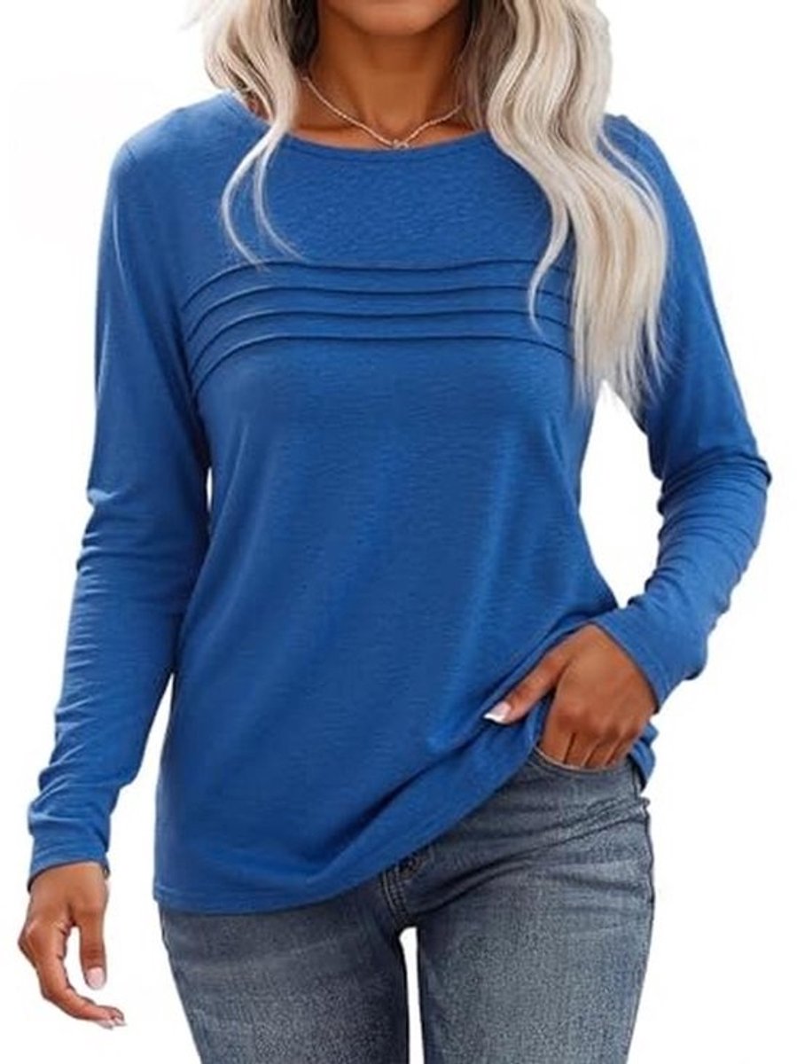 Elegant dames T-shirt met lange mouwen van katoen - Casual plissé design, ronde hals