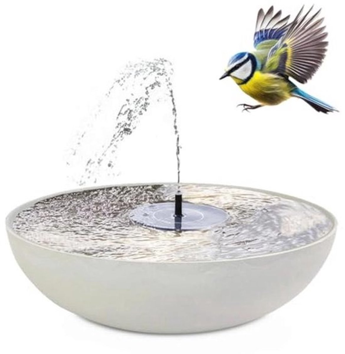 Fontein op zonne-energie, voor buiten, 45 cm, grijze kom, decoratieve waterpartij, vogelbad en drijvende zonne-fontein voor op het balkon