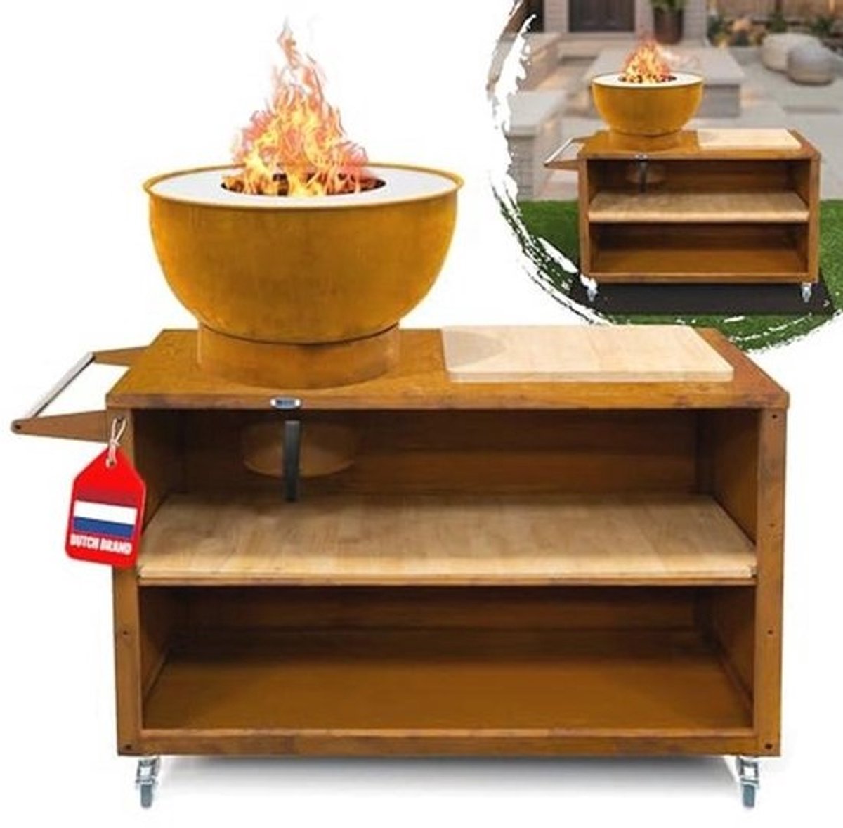 Compacte Buitenkeuken met Grill en Plancha op Wielen - Mobiele Barbecue met Ruimte voor Brandhout