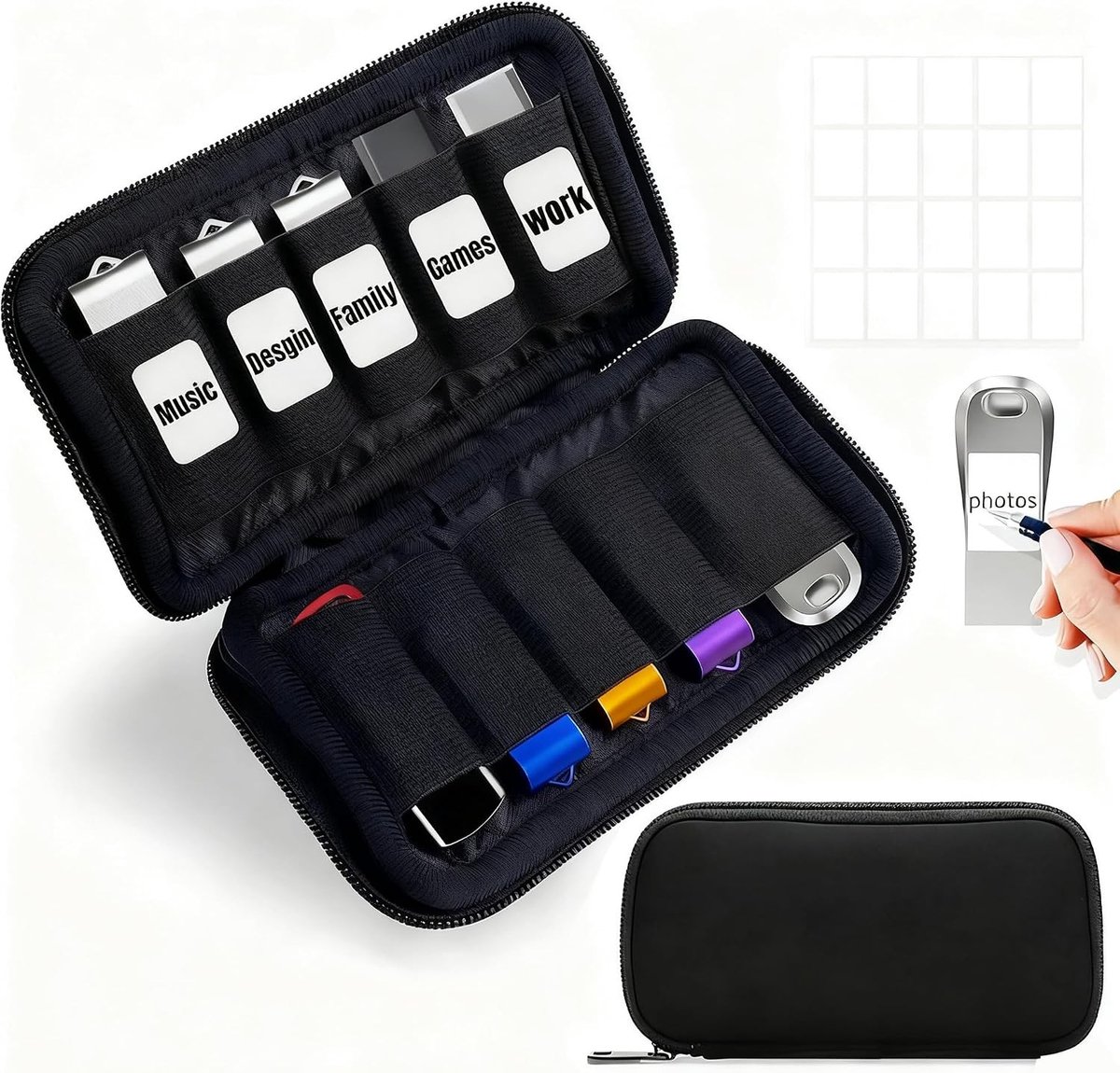 Opbergzak voor USB-sticks met 10 vakken, Organizer voor geheugensticks, Zwart en compact