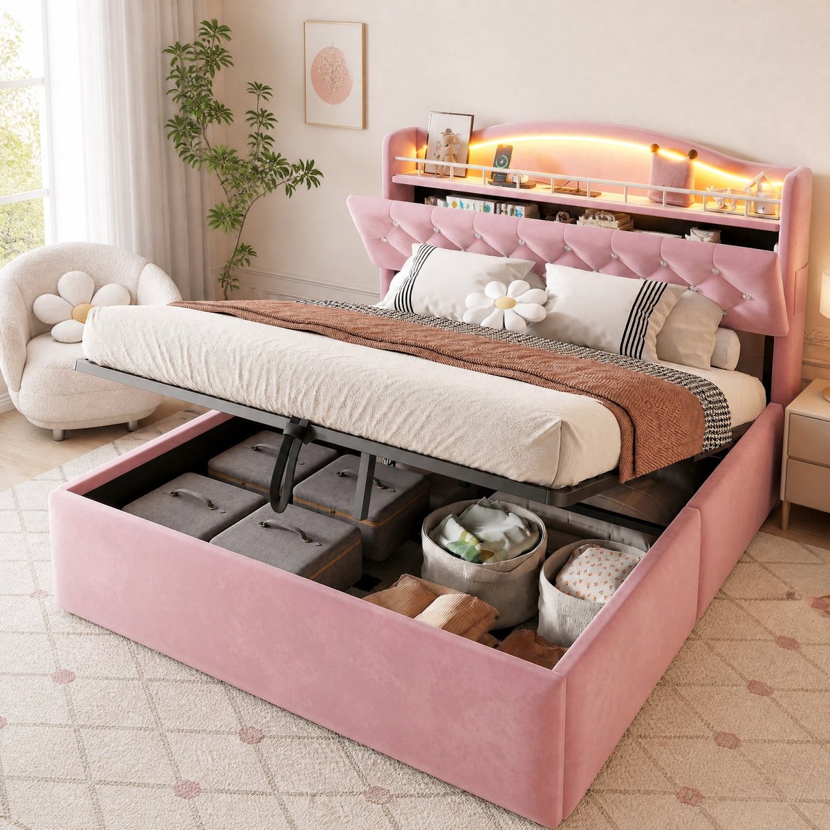Bed 140 x 200 Cm Met Hydraulische Opbergruimte, Led Verlichting, Stof, Roze, Metalen Lattenbodem